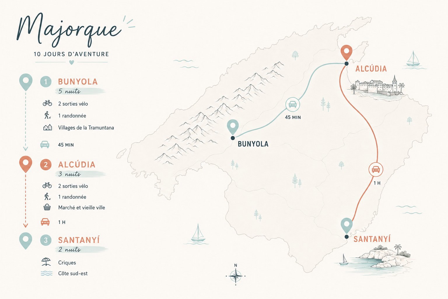 Carte itinéraire 10 jours à Majorque entre vélo, randonnées, criques et villages